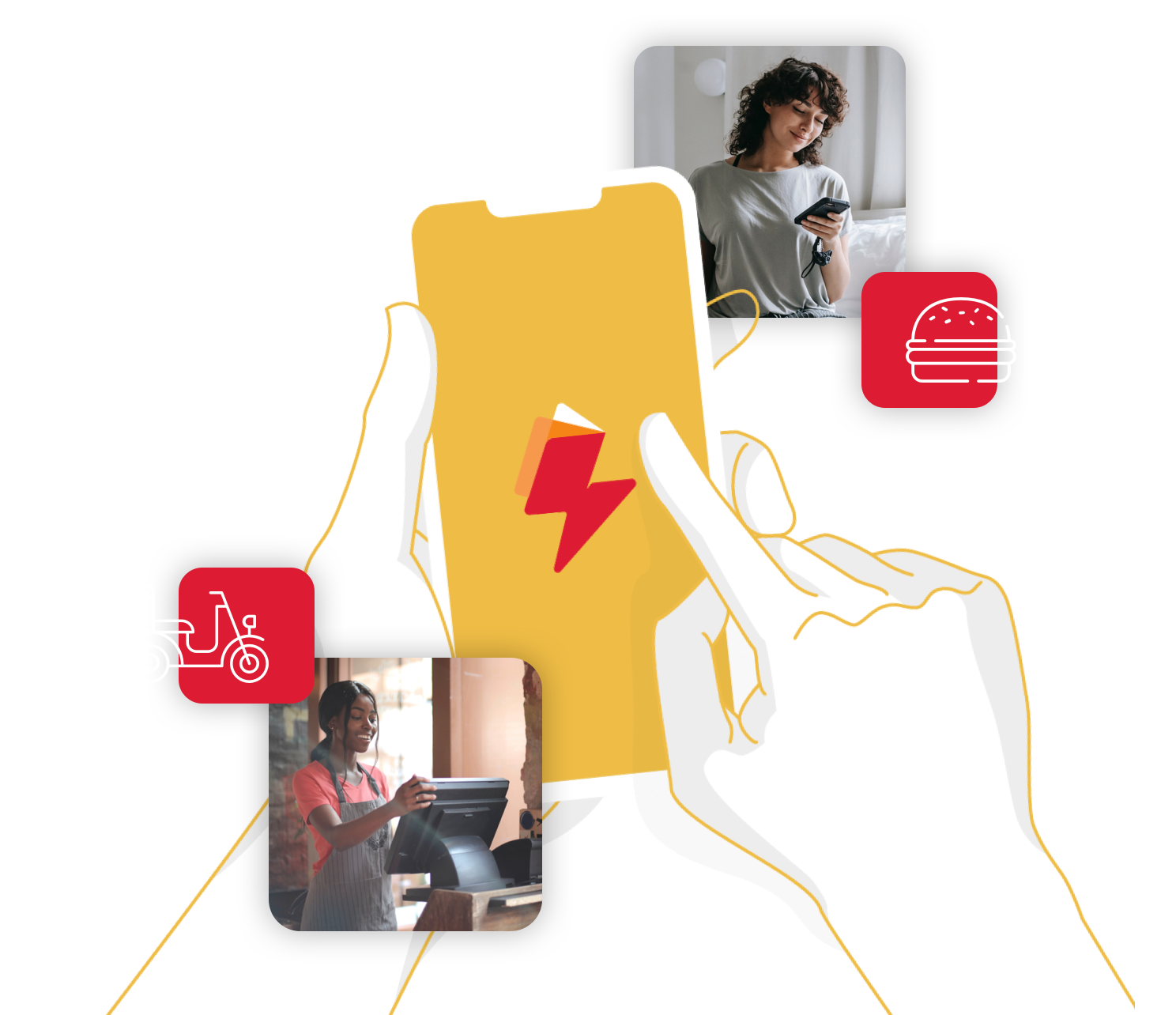 dessenho de mãos segurando um celular e usando flash menu